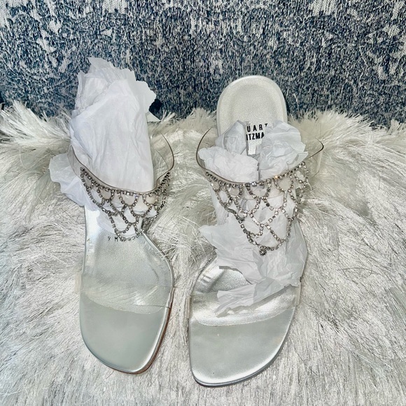 Stuart Weitzman Silver Chain Embellished Heels - Picture 1 of 10
